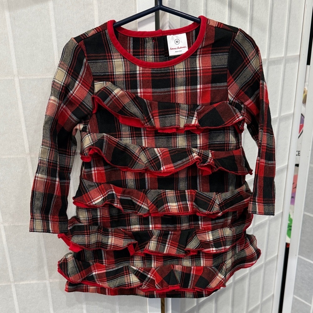 Hanna Anderson Red Black Tan Plaid Ruffle Dress Size 80 US 18-24M - Picture 1 of 3